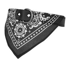 a black and white bandana has a buckle on it's side, with an intricate design