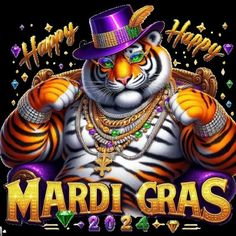 mardi gras tiger wearing a purple hat and holding his hands on his chest