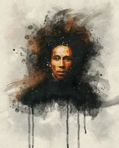 a painting of a man's face with black hair and dripping watercolors