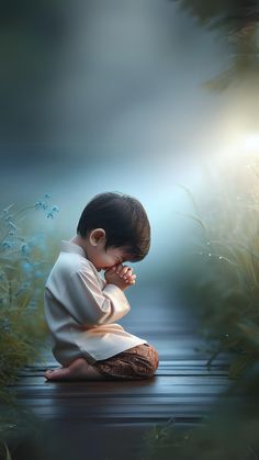 a little boy sitting on the ground with his hands clasped to his face while praying