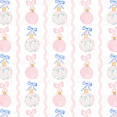 pink and blue christmas ornaments with bows on the side, in pastel colors against a white background