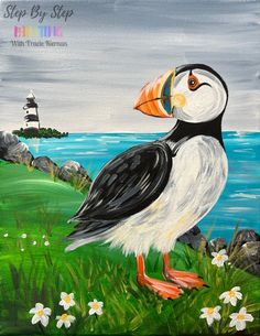 an acrylic painting of a puffy bird by the ocean with a lighthouse in the background