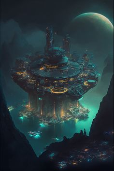 a futuristic city on the edge of a mountain at night