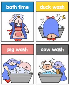 four different pictures with words describing how to wash the animals in their bathtubs