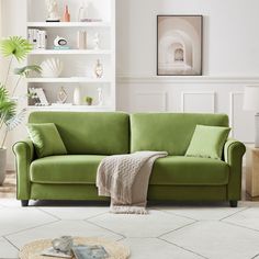 a living room with a green couch and rugs in front of the bookshelf