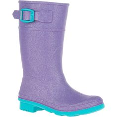 a child's purple rain boot with a blue buckle on the front and side