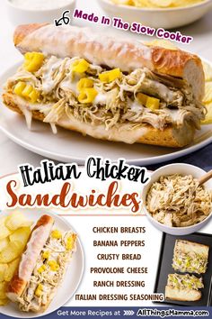 Italian Chicken Sandwich ingredients. Italian Chicken Sandwich served on a white round plate. Sandwich Alternatives, Crock Pot Sandwiches, Chicken Breast Sandwich, Easy Dinner Recipes For Family, Italian Chicken Crockpot