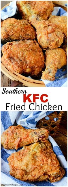 fried chicken in a basket with the words southern kfc fried chicken on top and bottom