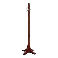 a wooden coat stand with two coats on it's sides and three hooks in the middle