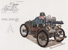 a drawing of an old fashioned car with a man sitting in the driver's seat