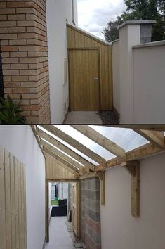 before and after shots of a house being built with wood framing on the outside wall