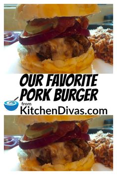 this is an image of two hamburgers stacked on top of each other with the words our favorite pork burger from kitchen diyas com