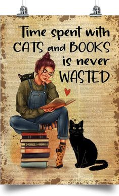 a woman sitting on top of a pile of books with a black cat next to her