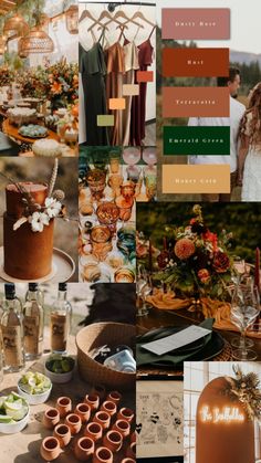 a collage of photos with different colors and food on it, including cake, wine glasses, candles, flowers, and other items