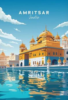 an illustration of amritsar india with the golden dome and blue water in front