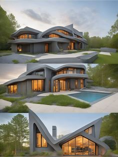 three different views of an unusual house in the woods