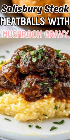 meatballs with mushroom gravy on a white plate