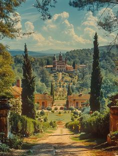 a painting of a castle on top of a hill in the middle of trees and bushes