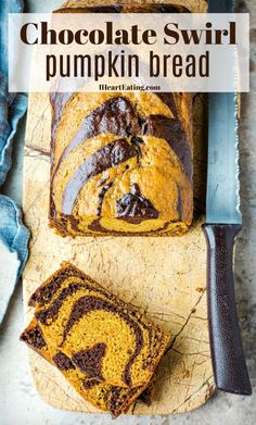 chocolate swirl pumpkin bread on a cutting board