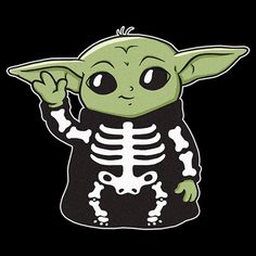 an image of a baby yoda with a skeleton on it's chest and arms up