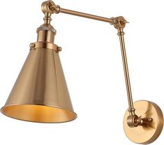 an antique brass swing arm wall light with a dimmer bulb on the right side