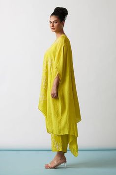 Buy Yellow Kaftan Viscose Silk Hand Embroidered Floral Asymmetric And Pant Set For Women by One Not Two Online at Aza Fashions. Yellow Kaftan, Beaded Neckline, Pants Pattern, Pant Set, Straight Pants, Set For Women, Indian Wear, Flared Sleeves, Aza Fashion