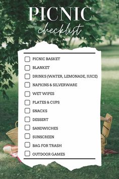 a picnic checklist is shown in front of a tree with the words picnic checklist written on it