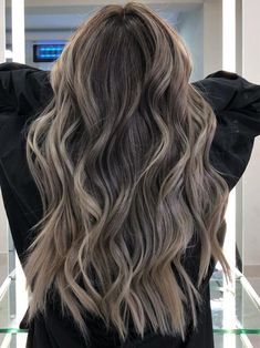 Ash Blonde Balayage on Long Brunette Hair Highlights For Gray Hair, Ashy Brown Hair Balayage, Ash Brown Hair Balayage, Blonde Highlights On Dark Hair, Balayage Blond, Long Brunette Hair, Ash Blonde Balayage