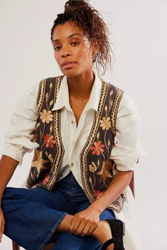 Free People; Free-est; We The Free; fall jackets; winter jackets; fall; winter; outerwear; outfit inspo; outfit; aesthetic; cozy; chic; chunky; bomber; puffer; puffer jacket; liner jacket; unique; vintage; relaxed; embroidered; embroidery; vest; embroidered vest; floral pattern; floral; Vintage Waistcoat Outfit, Patterned Vest Outfit, Embroidered Vest Outfits, Floral Vest Outfit, Vermont Outfits, Boho Vest Outfit, Vintage Vest Outfit, Floral Waistcoat, 70s Vest