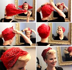 DIY 40s Bomb Girls styled scarf tutorial how-to styling. Made by me. Hair Scarf Tutorial, Stile Pin Up, Cabelo Pin Up, Head Scarfs, Makeup Tip, Rockabilly Hair, Scarf Tutorial