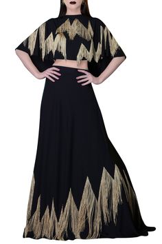 A black floor-length chanderi lehenga accentuated with gold fringes along the hemline. It can be paired with crop top or blouses and dupatta to complete the look. - Aza Fashions Festive Evening Lehenga Maxi Length, Black Embellished Palazzo Set For Evening, Evening Embellished Black Palazzo Set, Evening Black Embellished Palazzo Set, Evening Festive Maxi Lehenga, Festive Evening Maxi Lehenga, Festive Evening Maxi Length Lehenga, Traditional Palazzo Set With Tassels For Party, Traditional Tassel Palazzo Set For Parties