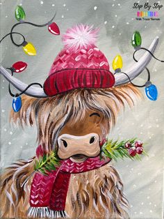 an acrylic painting of a highland cow wearing a red hat and scarf with christmas lights on it