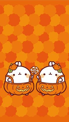 an orange background with two cats in pumpkin costumes