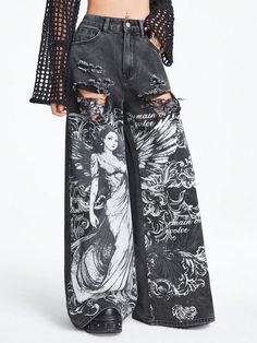 Jeans With Character Print And Distressed Holes Design, School Black    Denim Graphic Wide Leg Non-Stretch  Women Clothing, size features are:Bust: ,Length: ,Sleeve Length: Cool Jeans Outfit Women, Metal Concert Outfit Summer, Rib Cage Jacket, Black Pants Design, Baggy Pants Plus Size, Alt Pants, Cute Black Jeans, Goth Jeans