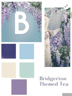 the color scheme for bridgerton themed tea is blue, purple and green