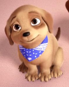 a cartoon dog wearing a blue bandana sitting on top of a pink floor next to a stuffed animal