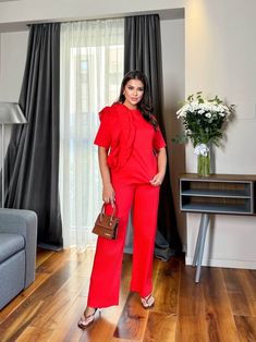 Suit  Colour: red, black.  Size: 42-44,46-48,50-52 Fabric: Cotton  Size 42-44 Blouse Chest circumference - 92cm/ 36,8 in Blouse length - 62 cm/ 24,8 in Sleeve length - 25 cm/ 10 in trousers Waist circumference- 66+15cm elastic band / 26,4+6in Hip circumference - 112cm/ 44.8in Length - 105cm/ 42in 46-48 Blouse Chest circumference - 100cm/ 40in Blouse length - 64cm / 25,6in Sleeve length - 26cm / 10,4in trousers  Waist circumference - 72+15cm elasticated / 28,8+6 in Hip circumference - 118cm/ 47,2 Casual Red Party Sets, Chic Red Sets For Night Out, Womens Pant Suit, Womens Pant, Womens Suit, Pant Suits For Women, Women Suits, Women Blazer, Womens Suits