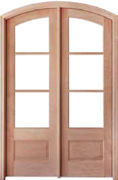 an open wooden door with glass panels on the front and side doors, isolated against a white background