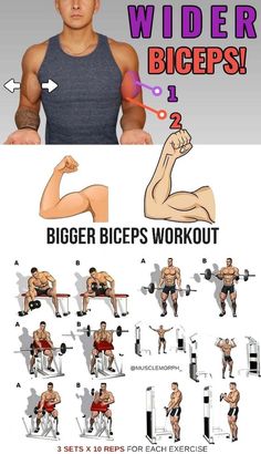 an image of a man doing exercises for his body and arms with the words wider bigger biceps workout