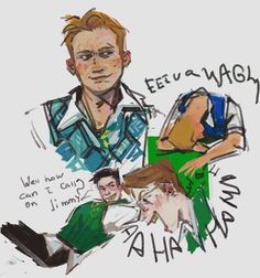 a drawing of a man with glasses and green shirt holding a tennis racquet