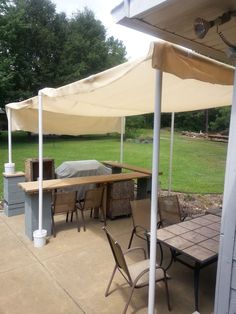 a covered patio with tables and chairs under an awning on the side of it