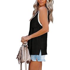 Black Contrast Cotton Blend Sleeveless Tank Top Black Sleeveless Casual Camisole, Black Sleeveless Camisole For Day Out, Black Sleeveless Tops For Vacation, Black Tank Top For Day Out, Black Sleeveless Vest For Day Out, Casual Black Vest For Vacation, Black Sleeveless Blouse Tank Top For Vacation, Black Sleeveless Blouse For Vacation, Line Dresses