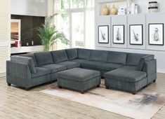 a living room with a sectional couch and ottoman