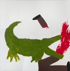 a painting with green and red paint on it's body, in front of a white background