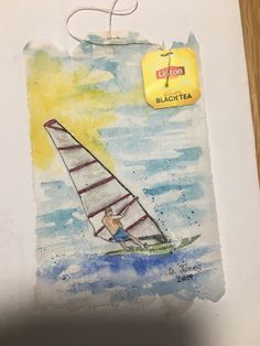 a watercolor drawing of a person on a sailboat