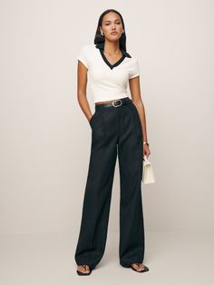 No nonsense.  Shop the Petites Alex Mid Rise Linen Pant from Reformation, a high rise pant with pleating at the front and a relaxed leg. Slacks Work Outfits Women, Black Pant Business Casual Outfit, European Work Outfits Women, Summer 2024 Work Outfits, Summer Work Outfits 2024, Retail Worker Outfit, Smart Casual Work Outfit Women Summer, Retail Job Outfit, Summer Business Casual Outfits For Women