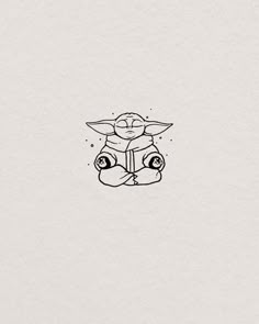 a black and white drawing of a baby yoda sitting in front of a book