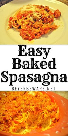 an easy baked spasagona recipe on a plate with the title above it