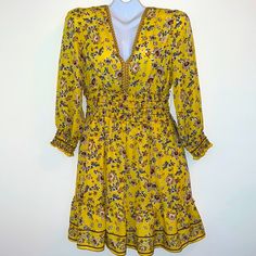 Floral Print, Vneck, Elasticized Waist And End Of Sleeves. Size Medium New With Tags. Yellow V-neck Dress With Ruffle Hem, Yellow V-neck Mini Dress With Ruffle Hem, V-neck Yellow Dress With Ruffle Hem, Braided Dress, Red Striped Dress, Ruffle Wrap Dress, Floral Print Tunic, Sundress Dress, Max Studio Dress