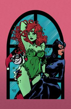 an illustration of two women dressed up as batman and catwoman in front of a window